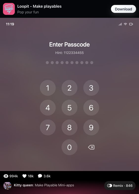 Loopit passcode screen with hint 1122334455.