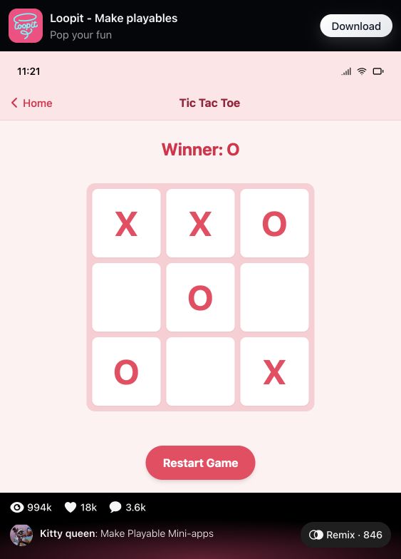 Tic Tac Toe mini-app showing Winner O.