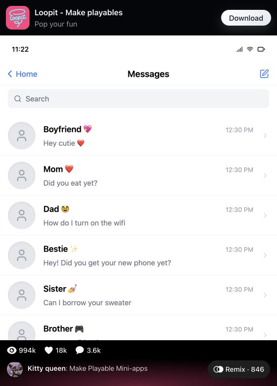 Messages mini-app showing contacts such as Boyfriend, Mom, Dad, Bestie, Sister, Brother, and Mr. Smith.
