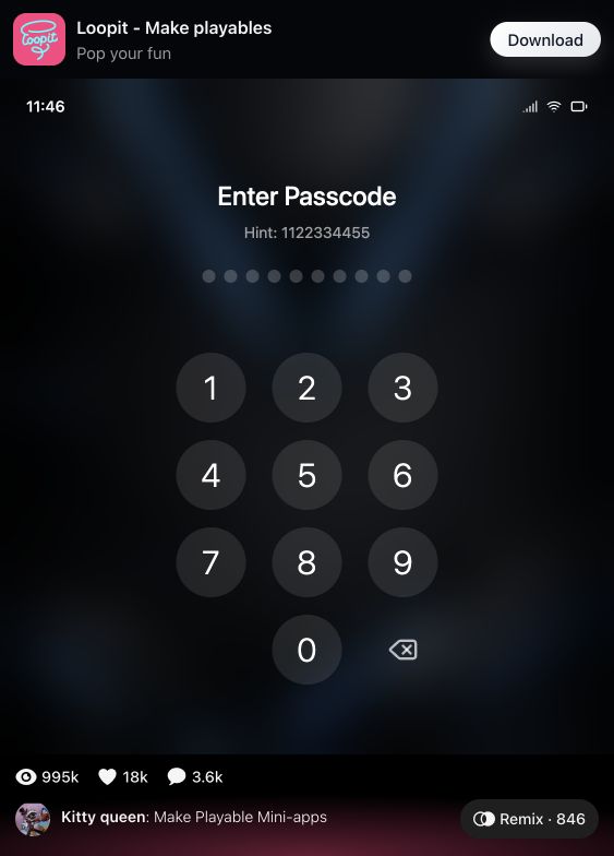 Boy branch passcode screen with dark blue-black background and hint 1122334455.