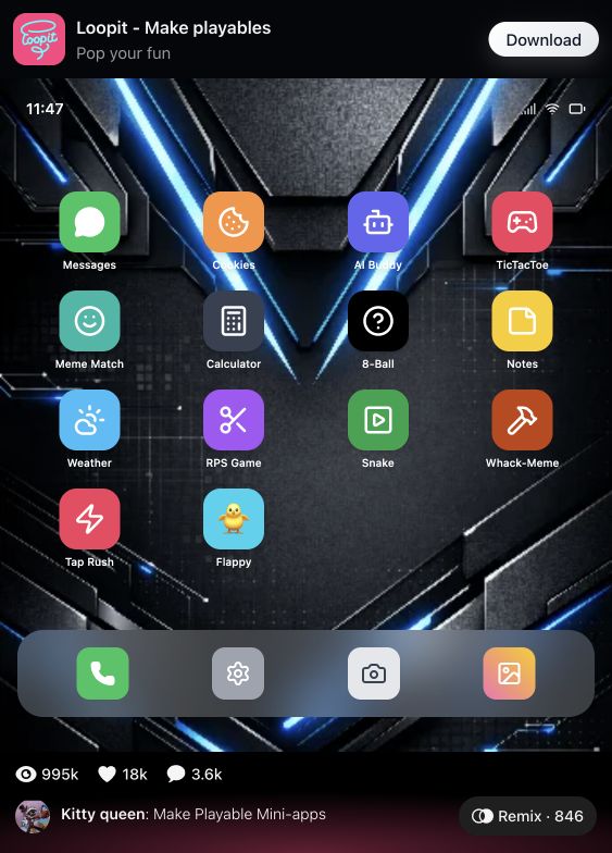 Boy branch phone home screen with dark tech wallpaper and the same mini app icons.